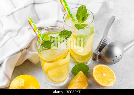 Erfrischende hausgemachte Limonade, Getränk mit frischer Minze, Zitronenscheiben, Eiswürfeln und manueller Zitronenpresse auf grauem Hintergrund. Kaltes Sommergetränk serviert Stockfoto