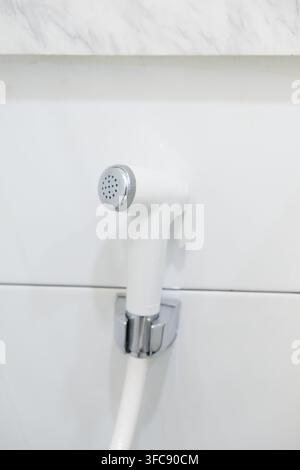 Handbrause und Wandhalterung aus Chrom in einem Badezimmer Stockfoto