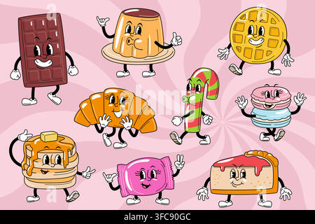 Süßigkeiten und Gebäck. Retro-Gummischlauch-Stil-Cartoon-Charaktere-Set mit einer gehenden Schokoladenriege, Pudding, Waffel, Croissant, Zuckerstange, Pfannkuchen Stock Vektor