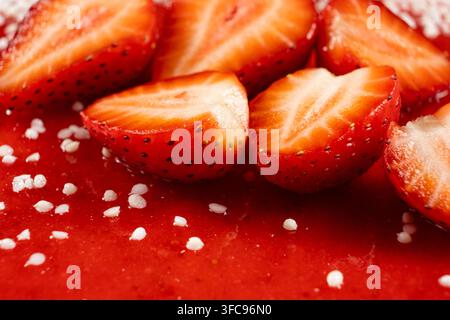 Geschnittene reife Erdbeeren auf der Oberfläche eines Erdbeer-Kuchens. Stockfoto