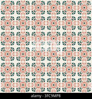 Nahtloses Blumenmuster mit grünen Blütenblattmotiven und korallenfarbenen wirbelnden Akzenten auf einem weichen neutralen Hintergrund. Stockfoto