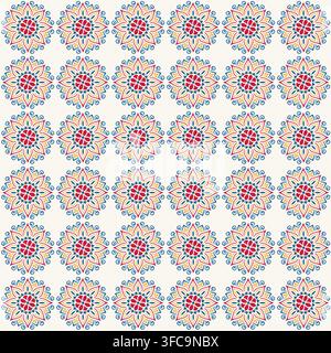 Nahtloses wiederholbares Muster von Lotusblumen-Mandalas in Rot, Blau und Gold auf cremefarbenem Hintergrund, geeignet für Textilien, Tapeten und Volkskunst-Design. Stockfoto