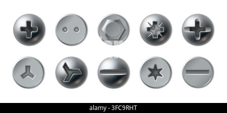 Realistisches Set von Schraubenköpfen und Metallschrauben isoliert auf weißem Hintergrund. 3D-Vektorillustration von glänzenden Stahlbefestigungen mit runden Köpfen, Hardware-Symbole in Draufsicht für Industriedesign-Illustrationen Stock Vektor