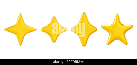 Realistisches Set von 3D-Goldsternen auf weißem Hintergrund. Vektorillustration von gelben funkelnden Zeichen für Abzeichen, Bewertung, Trophäe und festliche Dekoration Designs, Premium-Qualität Auszeichnungs-Icon, Emoji-Aufkleber Stock Vektor