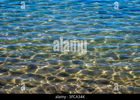 Sonnenlicht glitzert über kristallklarem blauem Wasser und wirft schimmernde goldene Kaustiken und Wellen über einen sandigen flachen Meeresboden. Stockfoto