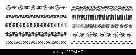 Tribale Bordensetzung mit afrikanischen Motiven, Kreidekritzeleien, geometrischen Mustern. Polynesische Linien und antike Wellenmuster für ethnische Dekorationsprojekte. Vektorillustration Stock Vektor