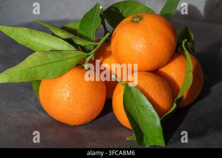 Frische reife Mandarinen mit grünen Blättern liegen auf einem dekorativen Teller, darunter eine aufgeschnittene, die ihre Segmente offenbart. Stockfoto