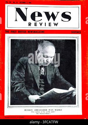 Archival 2. Oktober 1941 Cover der britischen Zeitschrift News Review mit dem sowjetischen Botschafter in Großbritannien, Ivan Maisky, der eine Zeitung liest. Mit der Unterschrift "Freie Nationen der Welt, vereint!" hob die Ausgabe diplomatische Bemühungen zur Schaffung des anglo-sowjetischen Bündnisses gegen das nationalsozialistische Deutschland nach dem Unternehmen Barbarossa hervor. Maisky war entscheidend für die Sicherung der britischen öffentlichen Unterstützung und militärischen Hilfe für die UdSSR und symbolisierte einen entscheidenden Wendepunkt in der Zusammenarbeit der Alliierten während des Zweiten Weltkriegs. Stockfoto