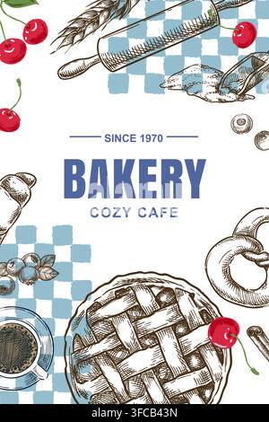 Moderne Vektor-Skizzen-Kunst-Kollage-Illustration von Bäckereigebäck und kariertem Muster. Handgezeichnetes traditionelles süßes Kirschkuchen-Poster-Design, Restaurant Stock Vektor
