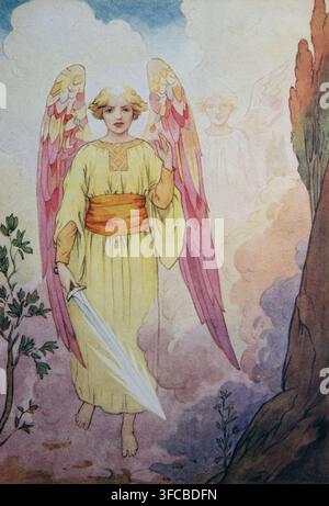 Illustration von zwei Engeln, einer mit einem flammenden Schwert, Wächter des Gartens Eden, von Harry G. Theaker aus den Bibelgeschichten für Kinder der 1920er Jahre neu erzählt Stockfoto