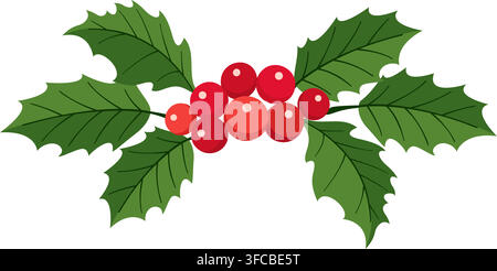 Handgezeichnetes Weihnachts-Holly-Beeren-Vektorelement. Zeigt Cartoon-grüne stachelige Blätter und rote Winterbeeren. Perfekt für Urlaubsglückwunschkarten-Aufkleberdesign und Weihnachtsfeier-Einladungen. Stock Vektor