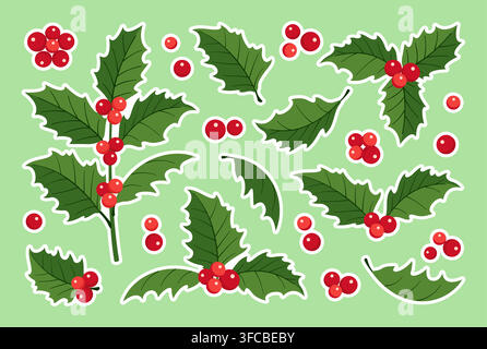 Niedliches handgezeichnetes Weihnachts-Ilexbeere-Vektor-Aufkleberpaket. Enthält Cartoon-grüne Winterblätter und eine rote Beerenkollektion mit weißem Strich. Perfekt für Feiertagsplaner, Kalender und Scrapbooking. Stock Vektor