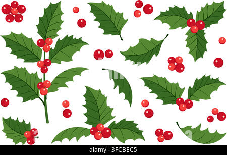 Niedlicher handgezeichneter Weihnachts-Holly-Beeren-Vektor-Clipart-Satz. Enthält Cartoon-grüne Winterblätter und eine Sammlung roter Beeren. Perfekt für Feiertagsaufkleberdesign, Grußkarten und Partymuster. Stock Vektor