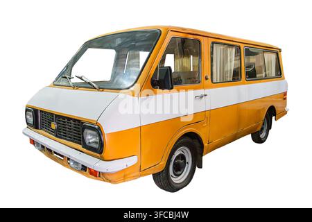 Vintage-Minivan isoliert auf weißem Hintergrund, zeigt Front- und Seitenprofil, kantiges Design, zweifarbiges Farbschema, glänzende Oberfläche, gleichmäßige Beleuchtung, cle Stockfoto