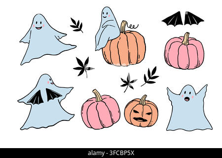 Niedliche lustige Geister und Halloween-Kürbisse. Handgezeichnete Vektorillustration in Vintage-Pastellfarben Stock Vektor