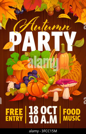 Herbst-Fall-Fest-Event-Party-Flayer mit Saisonernte und Blättern auf Holz-Hintergrund mit Gemüse, Obst, Pilzen und Thanksgiving-Produkten. Vektor-Kürbis-, Mais- und Trauben-Lebensmittel-Messe-Poster Stock Vektor