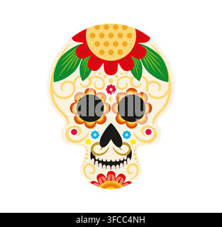 Mexikanischer Zuckerschädel mit traditionellen Blumenmustern, großer gelber Sonnenblume und festlichen Dekorationselementen. Calavera-Zuckerschädel für den Dia de los Muertos-Feiertag oder das Day of the Dead-Fest Stock Vektor