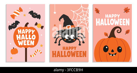 Satz niedlicher pastellfarbener Halloween-Glückwunschkarten mit Cartoon-Kürbis, Spinne mit Hexenhut, Süßigkeiten, Fledermäusen und festlicher Typografie auf rosa Hintergrund Stock Vektor