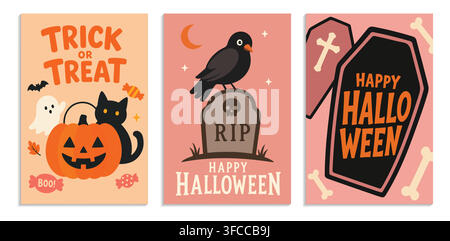 Niedliches Halloween-Grußkartenset mit Kürbis, schwarzer Katze, Krähe auf Grabstein und Sarg-Cartoon-Vektorillustrationen. Stock Vektor