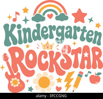 Retro-Kindergarten-Rockstar-Typografie-Design mit Gitarre, Regenbogen und Schulelementen auf weißem Hintergrund. Stock Vektor