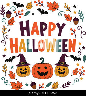 Fröhliche Halloween-Grüßkarte im Vektorstil mit lächelnden Kürbissen, Hexenhüten, Fledermäusen, Herbstblättern, Eicheln und Sternen auf weißem Hintergrund. Stock Vektor