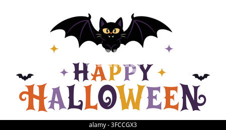 Süße Cartoon-Schwarzkatzte mit Fledermausflügeln und Happy-Halloween-Grußtypografie isoliert auf weißem Hintergrund. Stock Vektor