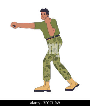 Afroamerikanischer Soldat wirft einen geraden Schlag in der Boxhaltung 2D-Cartoonfigur Stock Vektor