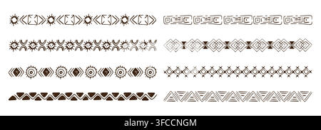 Tribale Bordensetzung mit afrikanischen Motiven, Kreidekritzeleien, geometrischen Mustern. Polynesische Linien und antike Wellenmuster für ethnische Dekorationsprojekte. Vektorillustration Stock Vektor