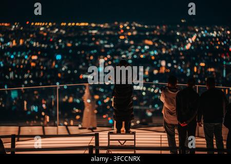 Panoramablick auf die beleuchtete Skyline von Tokio und die dichte städtische Stadtlandschaft bei Nacht, Japan. Stockfoto