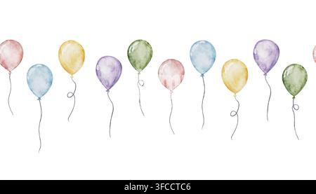 Lebendige Aquarell-nahtlose Bordüre mit farbenfrohen Luftballons. Handgemaltes festliches Luftballons-Hintergrund für Urlaubsgrußkarten, Geburtstagsfeiern Stockfoto