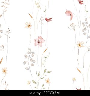 Aquarell botanisches Nahtloses Muster mit rosa Anemonen, gelben Gänseblümchen, Lunaria-Kapseln und getrocknetem Gras. Wiederholndes Ornament mit Wildblumen, Gräsern Stockfoto
