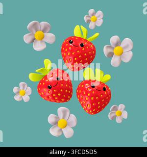 Drei süße Erdbeeren mit weißen Blüten auf blauem Hintergrund, 3D-Rendering. Stockfoto