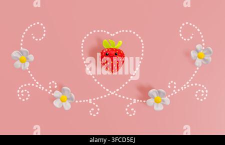 Süße Erdbeere mit weißen Blüten und Herz auf rosa Hintergrund, 3D-Rendering. Stockfoto