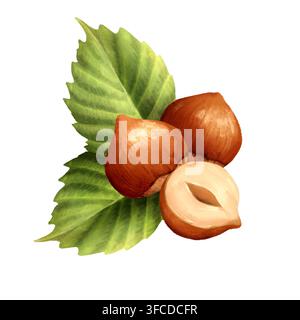 Handgezeichnete Haselnuss mit grünen Blättern Illustration Stockfoto