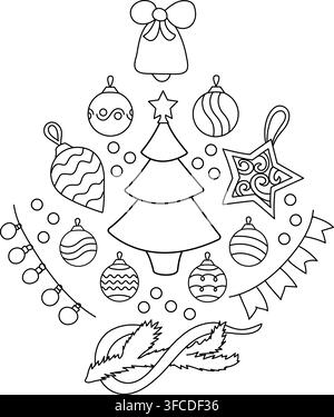 Frohes-Weihnachten-Kontur-Set mit Weihnachtsbaum, Spielzeug, Girlanden, Zweig. Gezeichnetes Doodle-Set-Vektor. Vektorillustration Stock Vektor