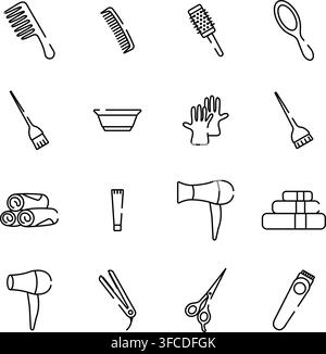 Friseursalon-Werkzeuge lineare Symbolesammlung. Vektorillustration Stock Vektor