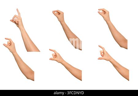 Weibliche Hand hält Daumen und Zeigefinger sanft auseinander. Die Finger halten etwas Unsichtbares, Dünnes, Kleines oder Großes zwischen sich. Konzept für feine Objekte Stockfoto