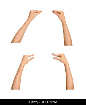 Weibliche Hand hält Daumen und Zeigefinger zart zusammen. Geste ähnelt dem Halten von etwas Dünnem oder dem Nachahmen eines sprechenden Mundes. Konzept für Feinheit Stockfoto