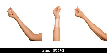 Weibliche Hand, die Daumen und Zeigefinger zusammenkneift. Zarte Geste, als würde sie etwas Dünnes oder Kleines halten. Konzept für Präzision, feines Detail oder t Stockfoto