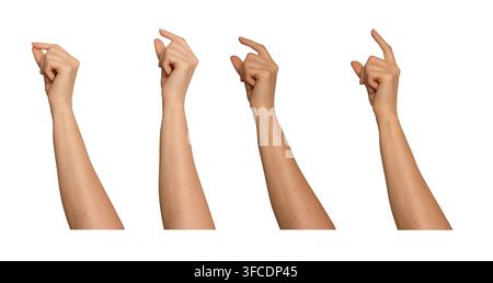 Weibliche Hand zeigt eine Pinzengeste aus der kleinen Finger-Seite. Daumen und Zeigefinger halten etwas Unsichtbares zwischen sich. Konzept für feines Objekt, Präzision Stockfoto