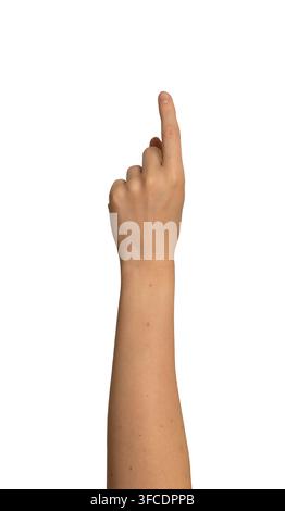 Linker weiblicher Zeigefinger zeigt auf etwas Unsichtbares. Geste deutet Richtung, Auswahl oder eine Klickbewegung an. Konzept für Führung, Technologie Stockfoto
