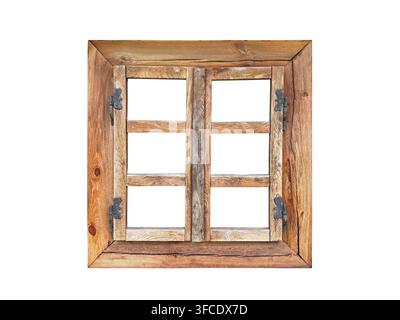 Altes rustikales Holzfenster isoliert auf weißem Hintergrund mit Ausschnittpfad Stockfoto