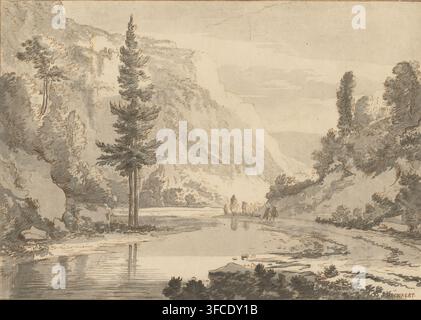 Berglandschaft mit Hirten an einem Flussufer, Druck, Berglandschaft mit Kiefern. Mehrere Hirten gehen am rechten Flussufer., Drucker: Cornelis Brouwer, nach Zeichnung von Jan Hackaert, Verleger: Cornelis Sebille Roos (Verleger), Amsterdam, 1741 - 1803, Papier, Zeichnung, Radierung, Transferdruck, Radierung und Transferdruck, gedruckt von zwei Platten in Braun und Grau, Höhe 172 mm x Breite 243 mm, Fluss, Berge., Eine Feder- und Tintenlandschaft, die einen Fluss oder See im Vordergrund zeigt, mit ruhigem, spiegelndem Wasser, felsigen und bewachsenen Ufern und einer großen Gruppe von Stockfoto