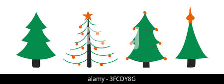 Satz von gezeichneten Arten von Weihnachtsbäumen. Grün dekorierte Nadelbäume. Neujahr-Bild. Weihnachtsbaumspitze und Kugeln. Kinderzeichnung. Isoliert o Stock Vektor