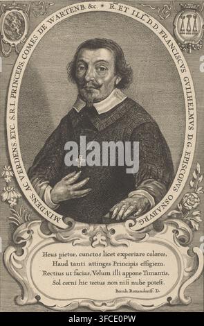 Porträt von Franz Wilhelm von Wartenberg, Druck, Text in Latein im Rahmen und in der Kartusche., Drucker: Jonas Suyderhoef (möglicherweise), Drucker: Lucas Kilian (möglicherweise), Schreiber (Büroangestellter): Bernhard Rottendorff, 1625 - 1637, 1664, Schreiber (Büroangestellter), Papier, Radierung, Höhe 187 mm x Breite 122 mm, (römisch-katholisch)., Ein gestochener Porträt eines Mannes, von der Taille aufwärts innerhalb eines ovalen Rahmens gezeigt, der ein dunkles gemustertes Gewand mit weißem Kragen und einem Anhänger-Kreuz an einer Kette trägt, seine linke Hand ruht auf einer Kante und seine rechte Hand berührt seine Brust, sein Haar ist wellig und schulter- Stockfoto
