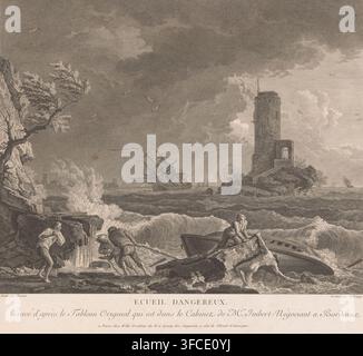 Gefährliches Riff, Stürmische Meereslandschaft mit gestrandeten Seeleuten, Druck, Druckgrafiker: Adrian Zingg, nach einem Gemälde von Claude Joseph Vernet, Verleger: Johann Georg Wille, Paris, 1744 - 1808, Claude Joseph Netting, Papier, Radierung, Stich, Höhe 377 mm x Breite 420 mm, Insel, Segelschiff, Segelboot, Schiffbruch, Sturm auf See. Eine Küstenszene in Monochrom darstellend, die eine felsige Küste mit brechenden Wellen, ein kleines umgedrehtes Boot in der Nähe eines Felsvorsprungs und mehrere Menschen zeigt, die am Wasser kämpfen – einige ziehen an Seilen und eine Person ist teilweise untergetaucht. Ein hoher runder Steinturm steht auf einem Stockfoto