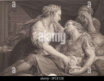 Marcus Antonius stirbt in den Armen der Kleopatra, Druck, Drucker: Johann Georg Wille, nach einem Gemälde von Pompeo Batoni, 1778, Papier, Radierung, Probe, Höhe 382 mm x Breite 488 mm, Person, Kleopatra VII (Königin von Ägypten), Mark Anton, Tod von Mark Anton: er stirbt, nachdem er sich selbst erstochen hat: Kleopatra trauert an seinem Bett., Eine detaillierte Monochrom-Radierung zeigt drei Figuren in engem Kontakt auf drapiertem Stoff; eine gekrönte Frau mit geflochtenem Haar und einer Träne auf der Wange beugt sich über einen liegenden bewaffneten Mann, dessen Kopf an ihrer Schulter ruht und dessen Gesicht sich nach oben zu ihr wendet, sein lockiges Haar Stockfoto