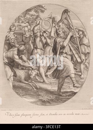 David mit Harfe und anderen Musikern, Szenen aus dem Alten Testament in San Silvestro in Rom, Druck, Drucker: Gérard Audran, Frankreich, nach einem Gemälde von Domenichino, 1650 - 1703, Papier, Radierung, Stich, Höhe 490 mm x Breite 367 mm, David als Musiker, der normalerweise Harfe spielt, Rom, San Silvestro in Capite., Eine ovale Radierung zeigt eine Gruppe von bekleideten und teilweise unbekleideten Männern in lebhaften Posen, mehrere blasen gebogene Trompeten, einer hält ein großes harfenähnliches Instrument, und ein anderer trägt eine Krone und einen fließenden Umhang, während er vorwärtsschreitet; Tiere, darunter ein liegender Ziegenbock und ein Ochse, erscheinen Stockfoto