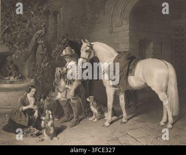 Mann und Frau umgeben von Tieren, Der Barons Reiter, Druck, Drucker: Robert Graves, nach einem Gemälde von John Frederick Herring (I), Verlag: Henry Graves & Co., Drucker (Person): William Day, 1827 - 1873, Robert Graves, John Frederick Herring (I), Henry Graves & Co., William Day, Drucker, nach einem Gemälde von, Verlag, Drucker (Person), Papier, Radierung, Kupferstich, Höhe 612 mm x Breite 735 mm, Haustiere, gehalten in und außerhalb des Hauses., Eine sepiafarbene Szene zeigt einen steinernen Innenhof mit einem gewölbten Durchgang und einem in eine Wand gemeißelten Brunnen, Efeu und belaubte Äste klettern in der Nähe und Stockfoto