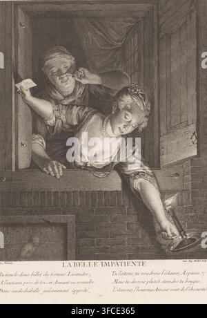 La belle impatiente, Zwei Frauen an einem Fenster mit einer Kerze und einem Brief, Druck, Druckgrafiker: Jean Baptiste Michel, nach Entwurf von Nicolaas Verkolje, 1757, 1758, Papier, Radierung, Höhe 351 mm x Breite 248 mm, Kerze, Liebesschweigen, menschliche Figur an (offenem) Fenster, von außen gesehen - AA - vorgetäuschtes Fenster. Eine radierte Szene zeigt zwei Frauen, die aus einem Fenster über einer Ziegelmauer lehnen; die jüngere Frau im Vordergrund hat ein tiefes Dekolleté, eine Perlenkette, gelocktes Haar, das mit Blumen geschmückt ist, und sie lehnt sich nach vorne, während sie einen Kerzenhalter mit einer brennenden Kerze hält, während die ältere Frau hinter ihr über ihre Schulter blickt Stockfoto